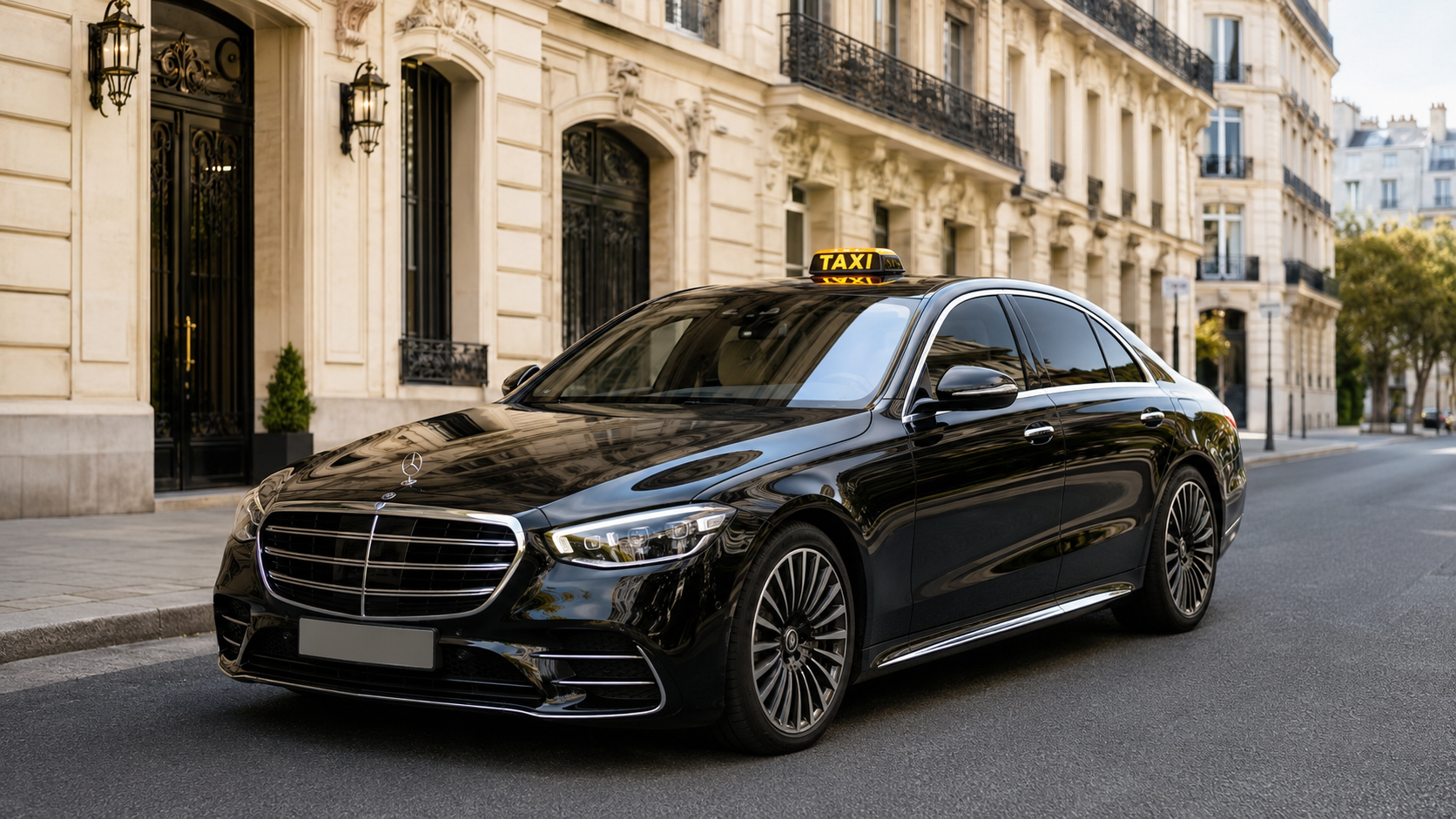 Taxi noir dans une rue parisienne pour un trajet depuis Maule