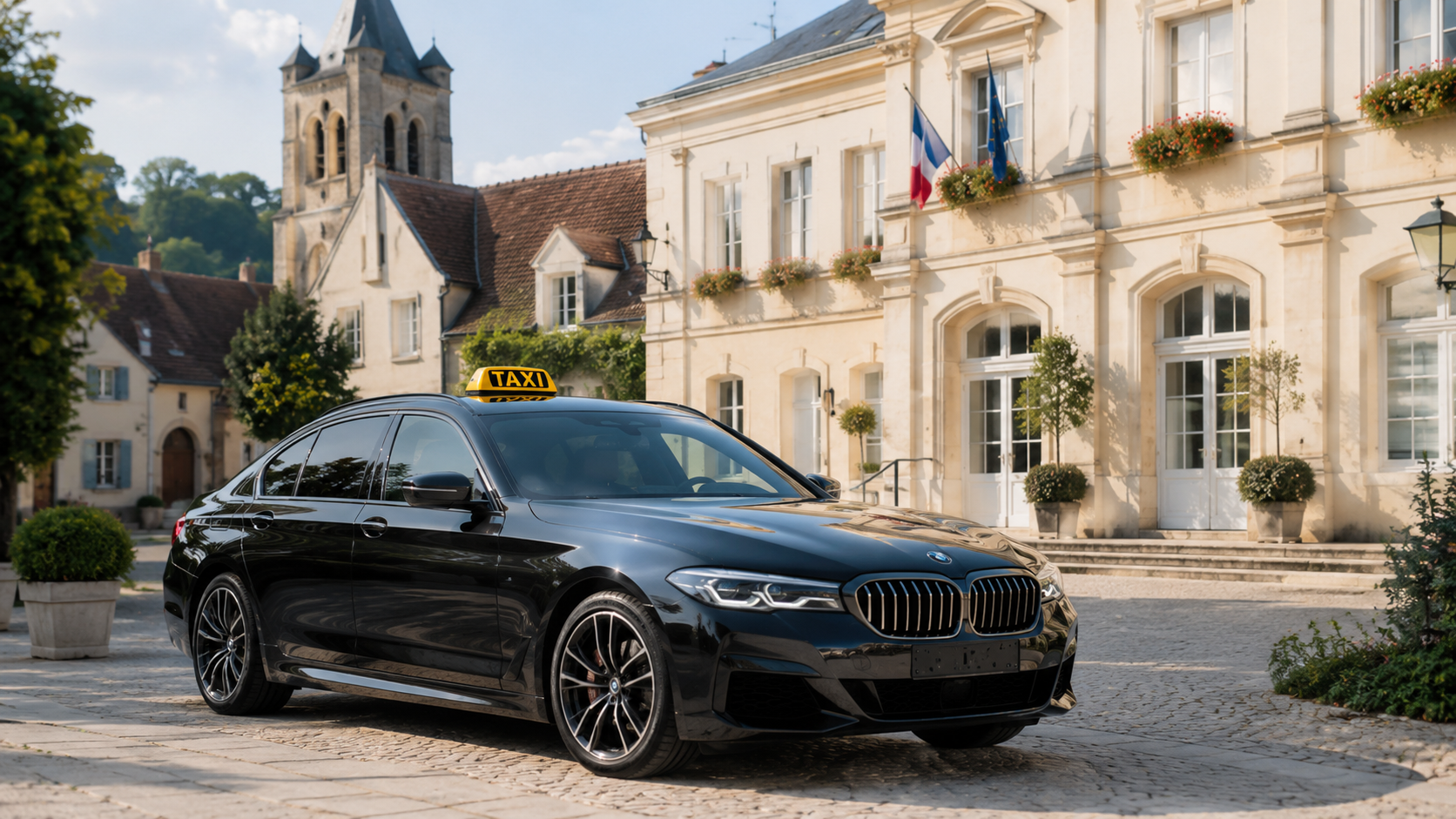 Taxi noir devant une mairie de village à Maule