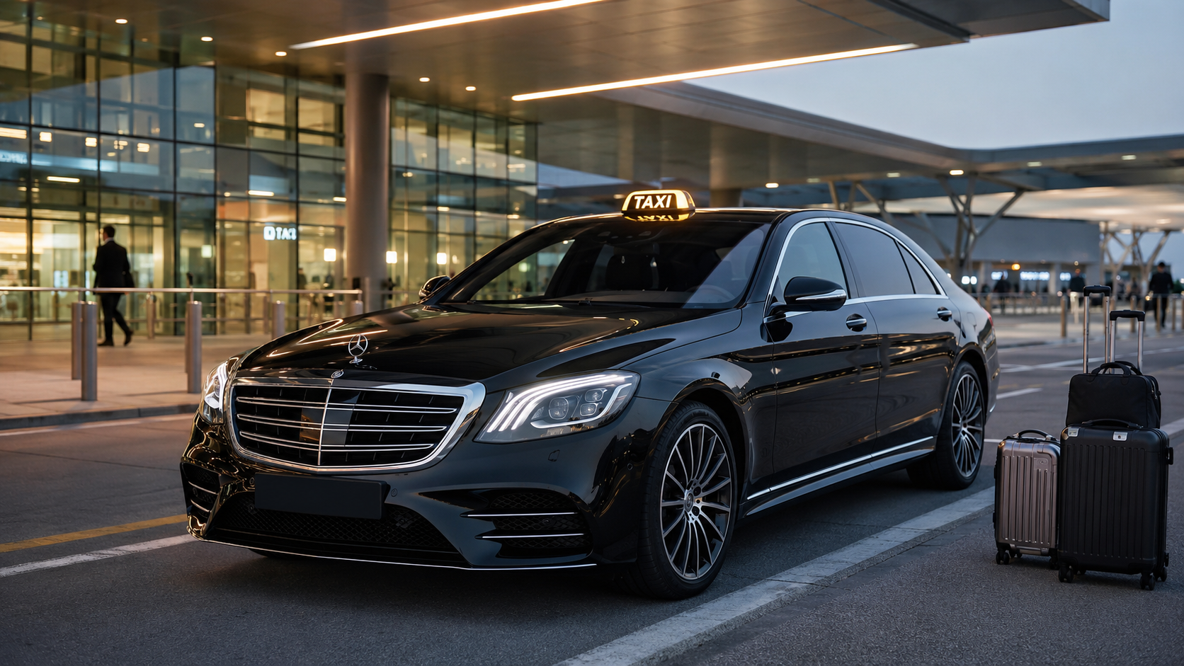 Taxi noir devant un terminal type Orly