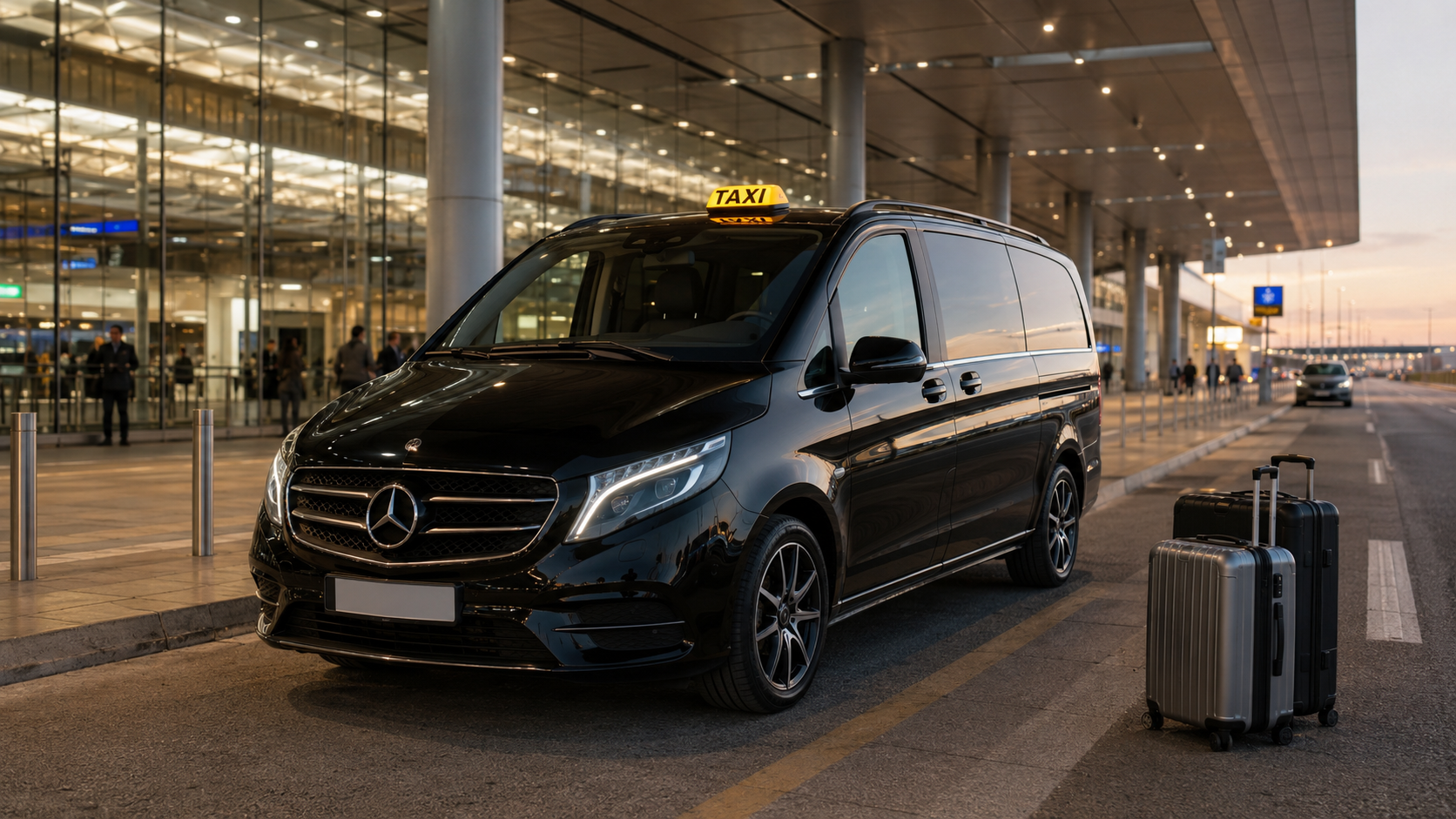 Taxi noir devant un terminal type Roissy CDG