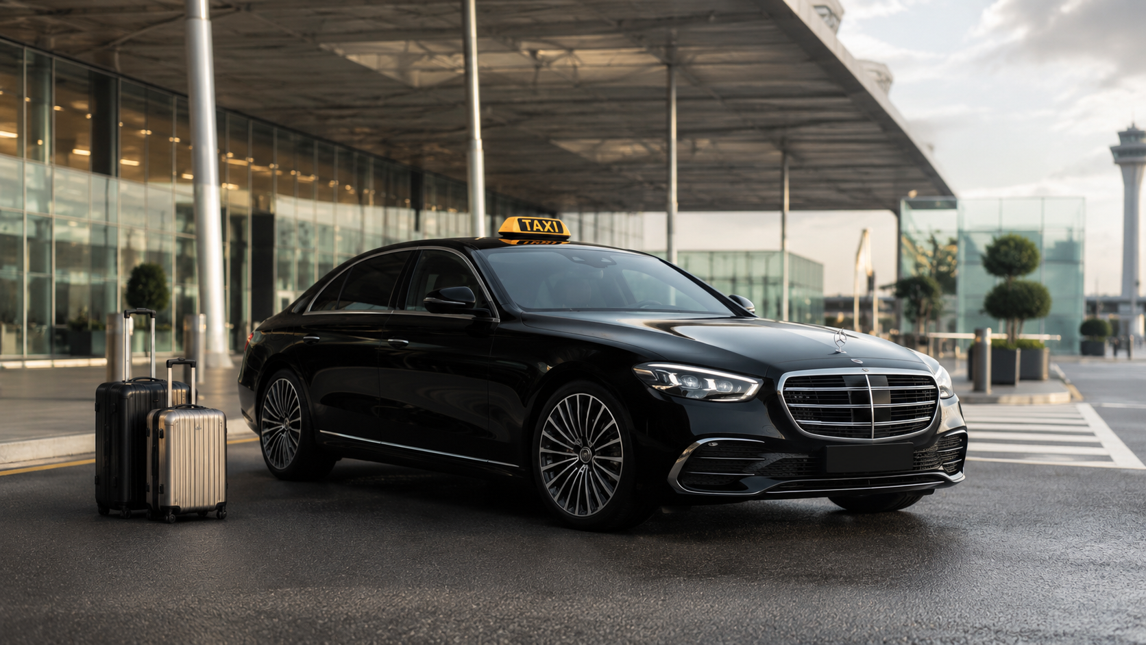 Taxi noir avec bagages devant un terminal d'aéroport