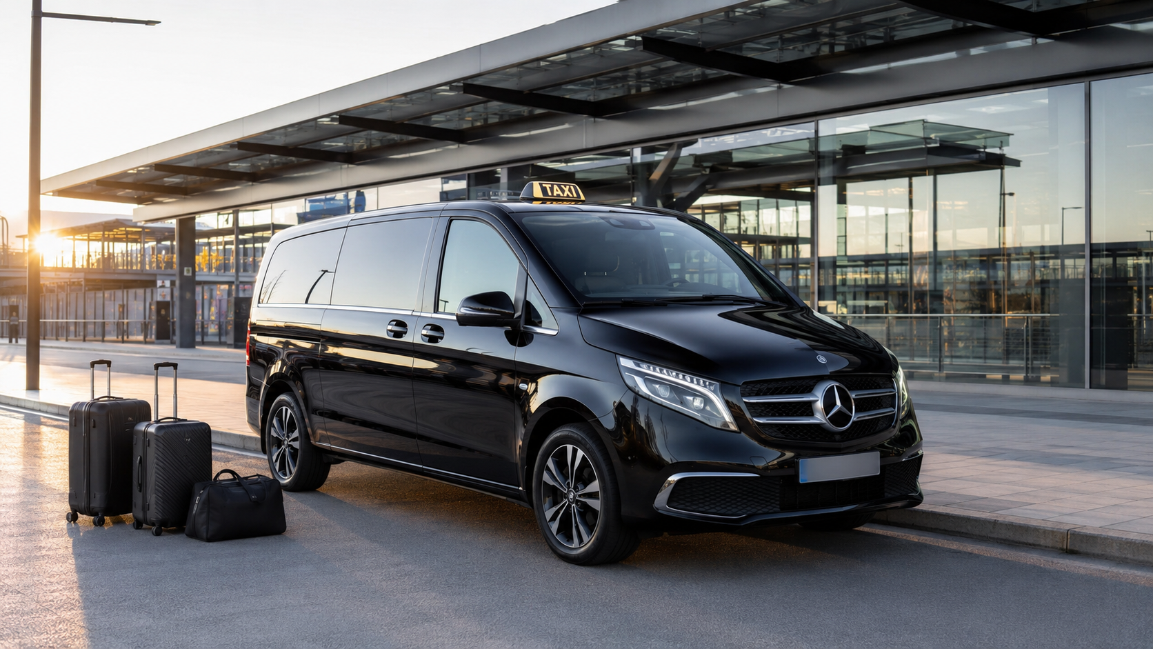 Van Mercedes taxi noir devant une gare avec bagages