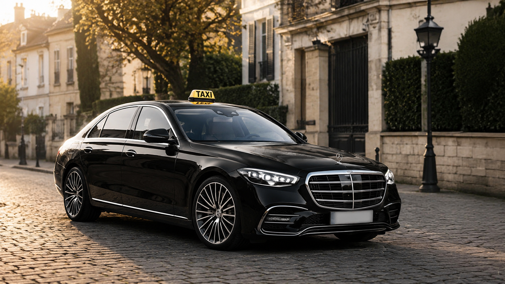 Mercedes Classe S 2026 noire avec lumineux taxi